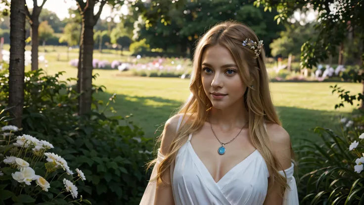 Freya, Goddess of Norse mythology。A peerless beauty that everyone recognizes。long bright blonde shiny hair。Beautiful clear blue eyes。Graceful and beautiful woman。gentle smile。jewelry necklace。In a beautiful flower garden