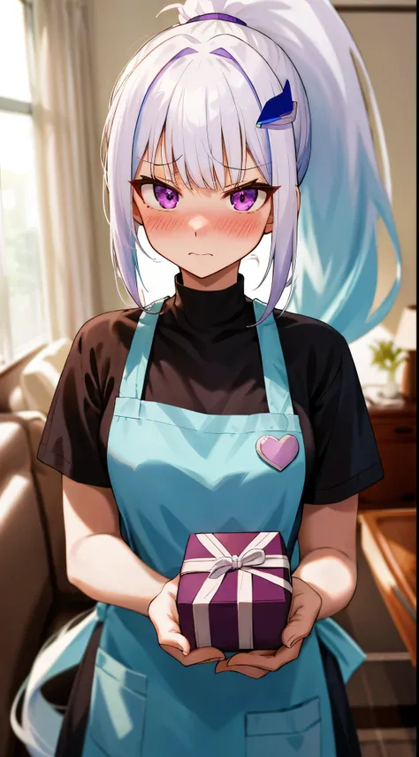 One girl with high ponytail hair, bangs, white hair, blue inner hair:1.25) , purple eyes, looking at viewer, blushing, embarrassed, serious expression, indoor, living room, t shirt, thigh, apron,  holding a gift, chocolate gift, love chocolate, valentine g...