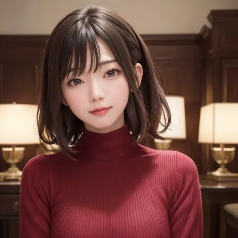 (highest quality、table top、8K、best image quality、Ultra high definition、Award-winning work)、1 girl、 (bright red turtleneck sweater)、(perfect red turtleneck sweater:1.1)、私を見つめるsmile、(Strongly blurred background:1.1)、(Blurred luxury love hotel background:1.1)...