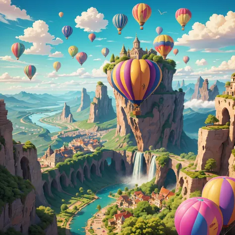 best quality,super detailed,16k,masterpiece,fantasy,sky,cloudy,beautiful city on the clouds,water,waterfall,cute creatures flyin...