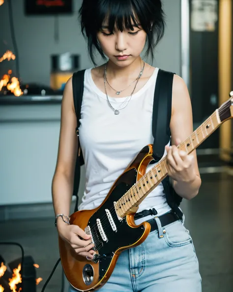 punk,beautiful japanese girl, 17 years old, High resolution, 4K, (Burning City:1.5), collapsed cityscape,after the disaster,Beautiful, intricately messy black hair,High resolutionのロングヘアー, asymmetrical bangs, thin eyebrows, sharp gaze, High resolutionの潤んだ瞳,...