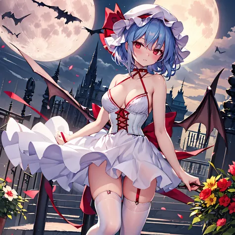 Remilia toho character, (solo), (standing on deck of mansion:1.1), full moon, BREAK, collarbone, large perky breasts, cleavage, (inconceivably thin waist), (very short thin torso:1.2), very long thin legs, thigh gap, BREAK, white dress with (plunging neckl...