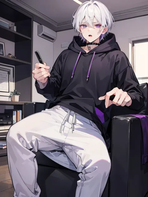 Draw me a man!!! with white hair, purple eyes, taper faid hair, black hoodie, open mouth, badass, cool, gentle, in living room.