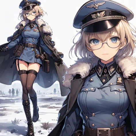 (masterpiece, Best Quality), (Perfect athlete body:1.2), (detailed hairs), Ultra-detailed, Anime style, Full body, Solo, German uniform girl, short blond hair, blue eyes, thick glasses, military hat and unadorned military coat and boots, standing on wastel...