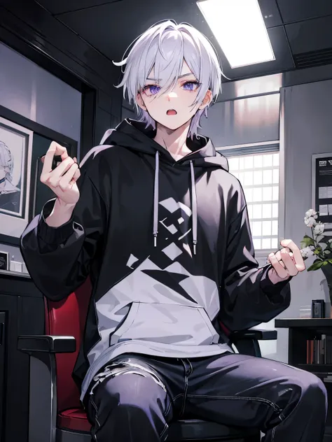 A Man!!! with white hair, purple eyes, taper faid hair, black hoodie, long black jeans, open mouth, badass, cool, gentle, in living room, was sitting in a gaming chair.