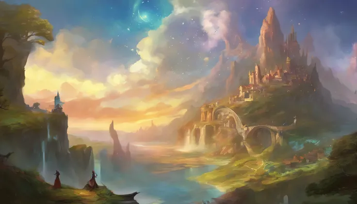 (master part:1.2), detalhes extremamente intrincados, ff14style, dynamic painting, representando uma cidade movimentada com uma ponte majestosa que atravessa rios largos, cercado por cogumelos gigantes imponentes. A vasta paisagem explode com cores vivas