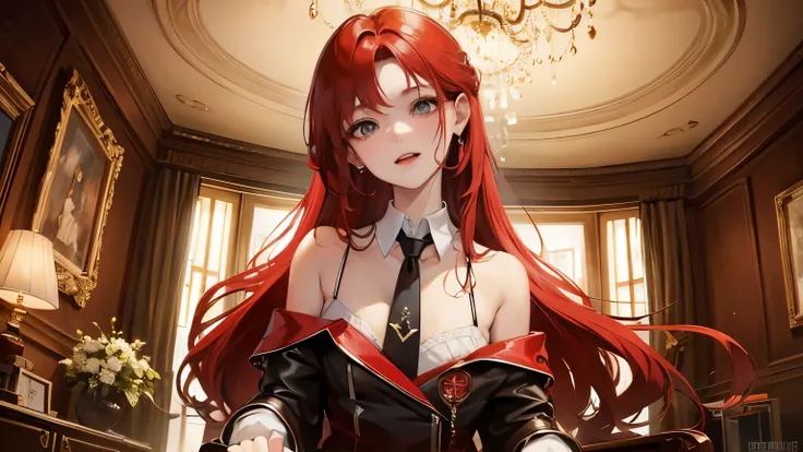 Red long hair, sunshine, masterpiece work, best quality, high resolution;,detail enhancement，best quality，perfect image quality，Beautiful and sexy, One-person viewpoint, small spots under the eyes , pretty, 큰 chest, 8K, ,chest 크게, pure white skin, chest, a...