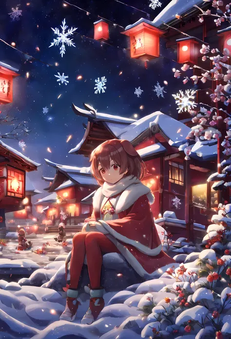 Inugami Cologne/(Holographic live broadcast/),beautiful detailed sky, night, Star, (red plum blossom),((winter)),(((snowflake))), ((red and white flowers))，(starry sky),(sitting),((rich and colorful)),landscape, lantern,(Starfall),