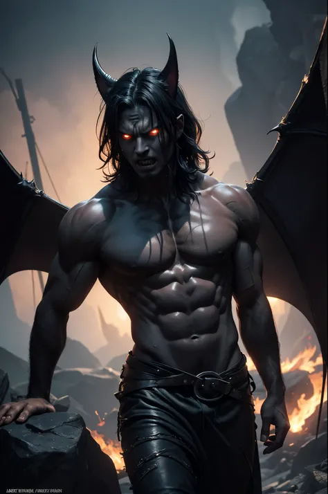 8K,A demon in the fires of hell,bat wings,Evil Gaze,black binoculars,ugly and distorted expression,muscular macho body,The lower body is covered with black hair,2 devil horns,big long fangs,sharp teeth,sharp nails,barefoot,rugged rock surface,masterpiece,P...