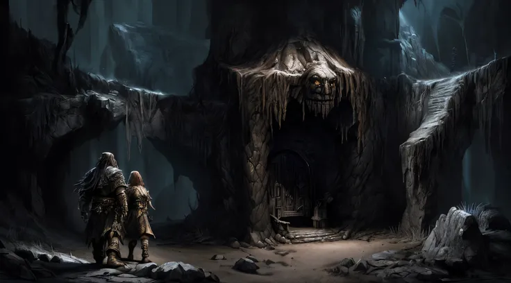 ((Best quality)), ((masterpiece)), (detailed:1.3), 3D ,HDR (High Dynamic Range) a couple of dwarves walking through a cave, dark cinematic concept art, eerie nostalgic concept art, detialed 4k concept art, elden ring concept art, dark concept art, dark fan...