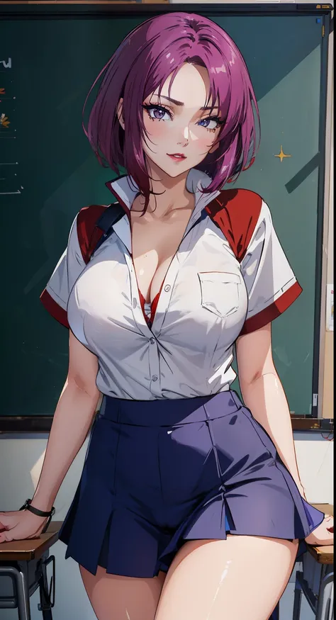 purple eyes, (highest quality, masterpiece painting:1.3), Oboro, mature woman, 26 years old, (half body shot:1.3), , school uniform, purple hair, short hair, layered bob hair, (big breasts:1.2), (tight waist:1.1), cleavage, perfect body, (athlete body:1.1)...