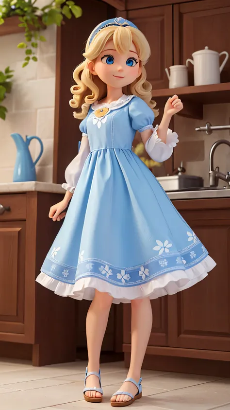 an alone happy and beautiful adult (25 years old) woman called Cinderella: big blue eyes, white skin, medium-length blond curly hair, small hands, small feet, adorable face, 5.6 feet height; she is wearing: a blue Floral Peasant Sleeve Dress; gray sandals;...