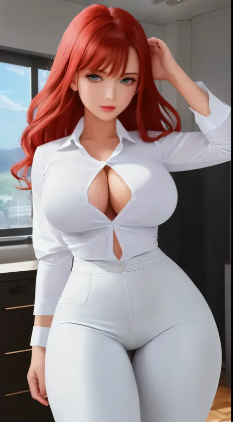 /paint (masterpiece, Best quality), 8K, ultra detailed, realistic photo, Detailed face, perfect lighting, Beautiful eyes, bright red hair, bright hair, nice legs, side photo, beautiful, Cute, skin pores, 1 girl, stand in the office, hiking, Office pants, p...