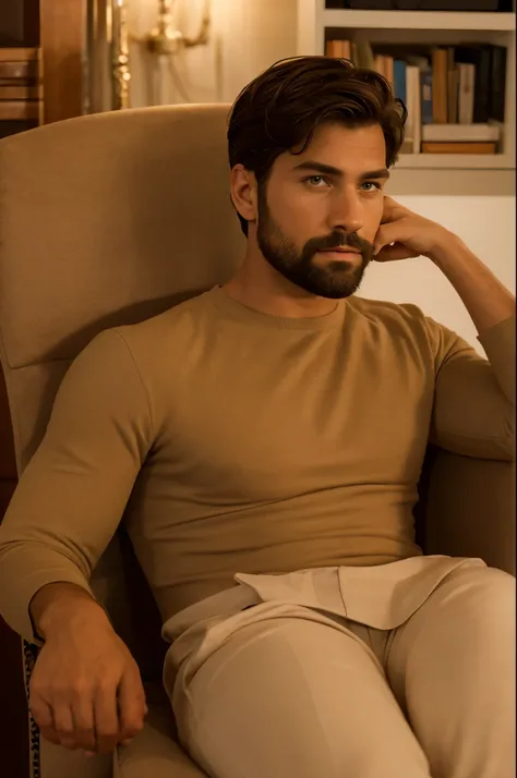 (best quality,highres,ultra-detailed),realistic man,handsome,middle-aged man,beard,short hair,deep set eyes,strong jawline,well-groomed,professional attire,confident posture,sitting in a leather armchair,reading a book,intense concentration,soft natural li...