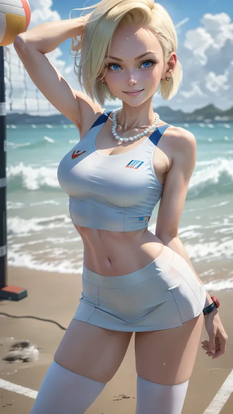 best quality, highres, and18, 1girl, android 18, solo girl, 1girl, blonde hair, blue eyes, sport sneakers, blue and white volleyball uniform, pearl necklace, white lycra micro skirt, short hair, white lycra sport top, earrings, wrist sweat bands, medium br...