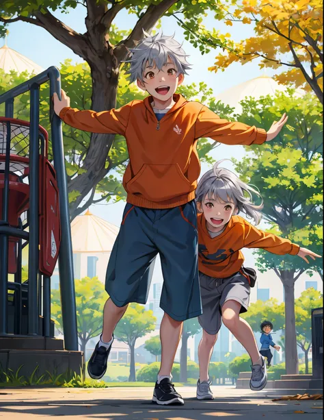 There are two 8 year old children playing laughing having fun in a park .in a park playing are men of 8 years old silver gray hair orange eyes 