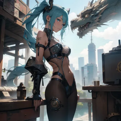 (quality)), ((masterpiece)), Recommended results、Puffy nipples、(see through:1.5)、straighten your back、abdominal muscles、huge bust、angle to floor:1.2、low camera angle、Hair loss on crotch，Hatsune Miku，Chinese ink style，Steampunk world，Steampunk armored drago...