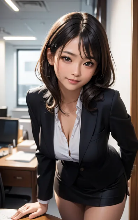 absurderes:2.0、(Blushing、bent over:1.6、cowboy shot:1.6, smile, blunt bang)、japanese actress、cowboy shot、solo, 25 year old woman、realistic, Unity 8K Wallpaper, Masterpiece, Realistic face, Realistic skin feeling ,detailed hair, highly detailed, realistic gl...