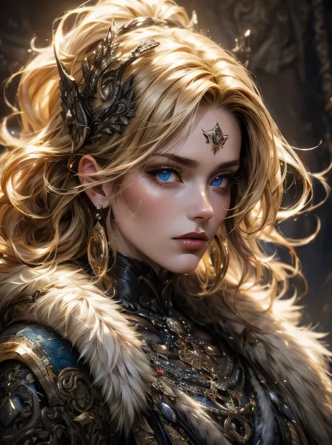 ((masterpiece、highest quality、Super detailed、High resolution、sharp focus、cinematic lighting))、portrait of a beautiful woman、cowboy shot、focus from the chest up、face light、viking warrior、((fur cloak、Warrior armor))、blonde hair、wavy hair、blue eyes、view audie...