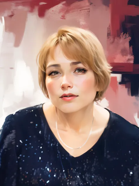 close-up of a woman with short hair and a white blouse, digital portrait, portrait art, Digital painting, background with paint strokes,  apply strokes to the wall behind, oil painting, portrait in digital painting styles, the hair is clearly drawn, Good q...