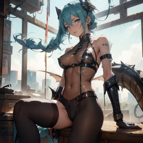 (quality)), ((masterpiece)), Recommended results、Puffy nipples、(see through:1.5)、straighten your back、abdominal muscles、huge bust、angle to floor:1.2、low camera angle、Hair loss on crotch，Hatsune Miku，Chinese ink style，Steampunk world，Steampunk armored drago...