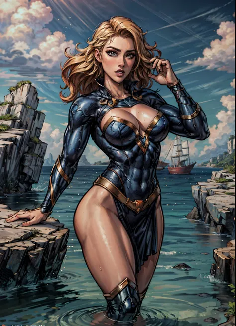 masterpiece, best quality, 8k, artstation, skimpy Amber-heard as aquawoman standing on a rock in the middle of the ocean superhero pose cleavage slut-attire ultra-detailed highres high saturation