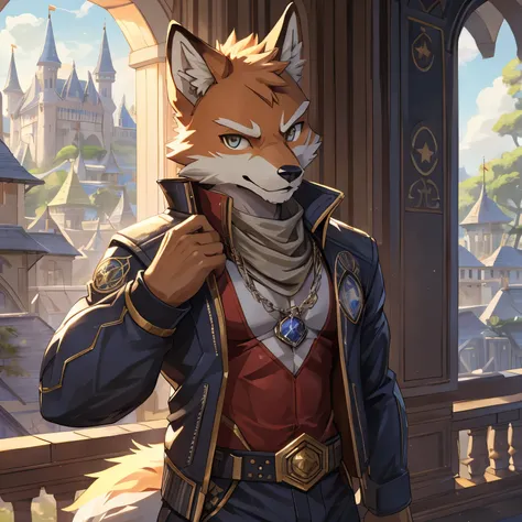 8k high definition, correct anatomy, anthropomorphic, masterpiece, king, (wearing jacket), (slim figure), front view, perfect hand, very seductive, background castle, official art, masculine, furry fox, (star fox), depth of field, perfect lighting, lightes...