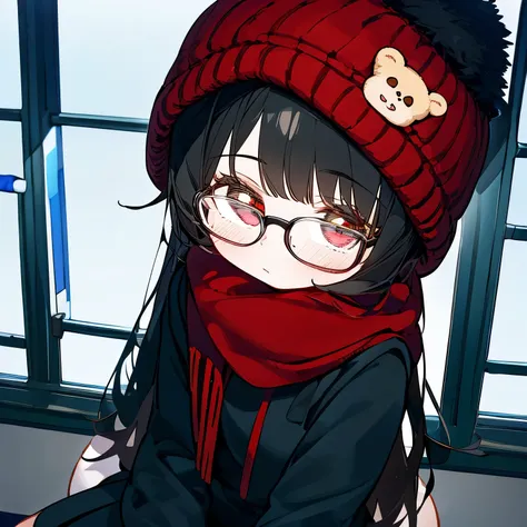 (masterpiece),((cute 1 girl:1.2)),(,8 years old:1.4), best quality, expressive eyes, perfect face, red eye, black beanie, fluffy cut black hair, black scarf, black school sweater, short skirt, Round Glasses Black, park,