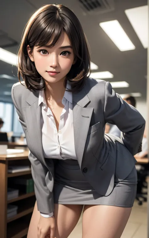 absurderes:2.0、(Blushing、bent over:1.6、cowboy shot:1.6, smile, blunt bang)、japanese actress、cowboy shot、solo, 25 year old woman、realistic, Unity 8K Wallpaper, Masterpiece, Realistic face, Realistic skin feeling ,detailed hair, highly detailed, realistic gl...