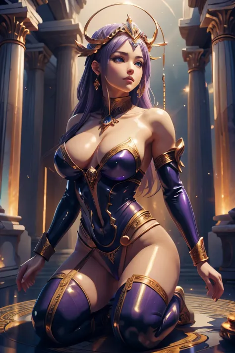 Beautiful Alluring Greek Goddess of the night, she has porcelain white skin, she is wearing loose fitting purple cloths and ornate gold jewellry, Mythology Theme, mystical Theme, Bare Skin, at an ancient greek temple at night time, stars and nebulas, Barel...