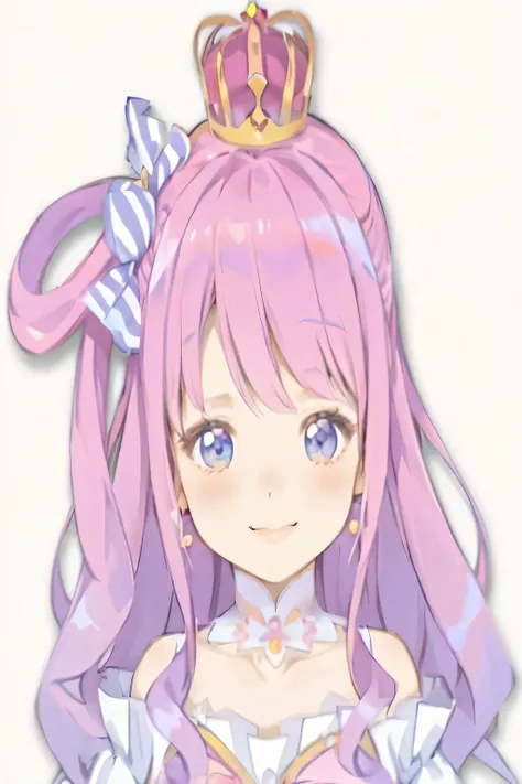 Anime girl with pink hair and a crown on her head, lulua workshop, Ayaka Genshin impact, A smile like a fairy queen, Cute girl anime visual, marin kitagawa fanart, sakura kinomoto, royal elegant pose, anime princess, princess portrait, sayori, Hymn of the ...