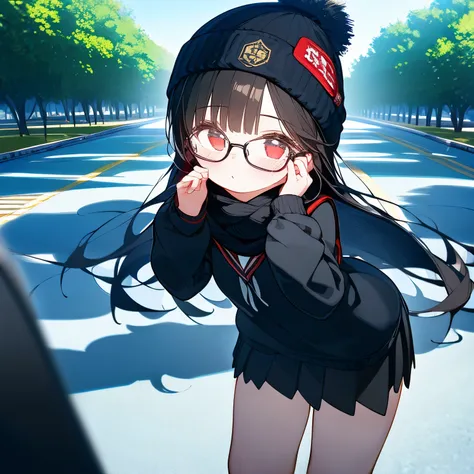 (masterpiece), best quality, expressive eyes, perfect face, red eye, black beanie, fluffy cut black hair, black scarf, black school sweater, short skirt, Round Glasses Black, park,