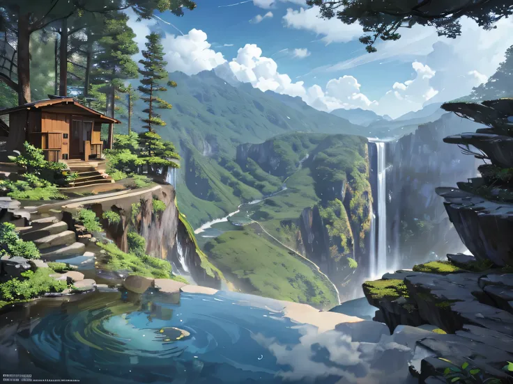 vibrant, cliff, layered waterfall at the center, trees, hot spring, jungle, rock, water vapor, (illustration: 1.0), epic composition, realistic lighting, HD details, masterpiece, best quality, (very detailed CG unified 8k wallpaper)