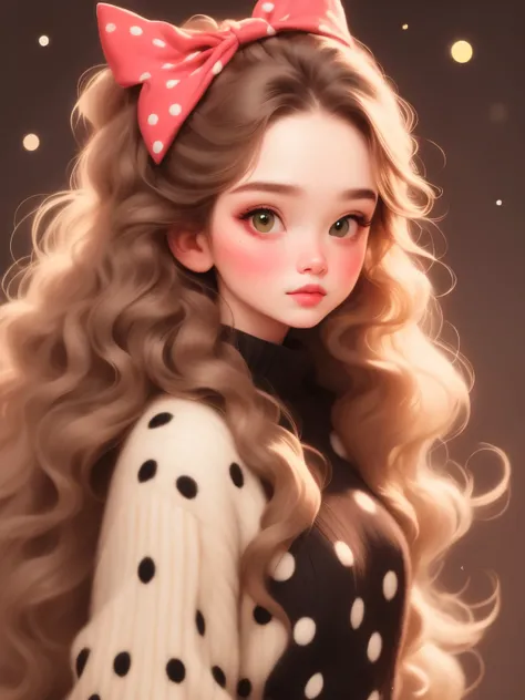 (masterpiece, best quality:1.2),a beautiful girl，Skin detail processing，The eyes are finely described，Delicate hair，wavy long hair，Long light hair，Wear a large bow on your head，Black Sweater，white dots，skirt，green，clean background