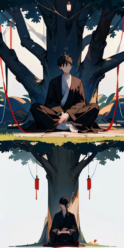 Young man with black hair and black robe meditates in two dimensions under the tree