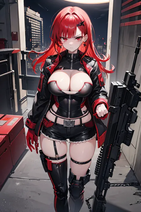 girl, red hair above one eye, Red bangs, gloves, black shorts, earringss, boots, big breasts, cleavage, single thigh-high boots, asymmetrical shoes, Jacket, asymmetric sleeves, hair ornaments, earrings, Laundry, angry face, dirty clothes, evening, Backligh...