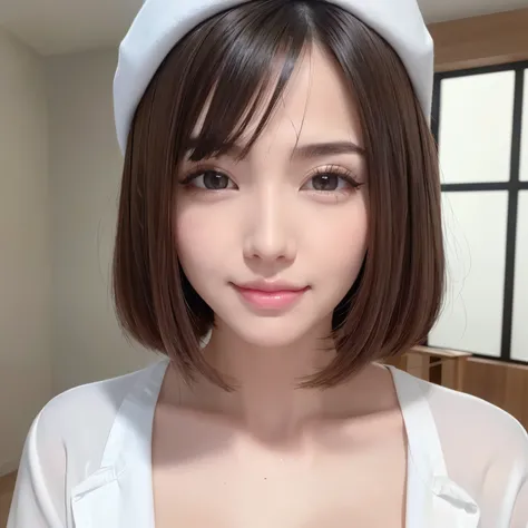 (highest quality、table top、8K、best image quality、Awards、hyper realism)、one nurse girl、(plain white nurse cap:1.1)、(plain white nurse uniform:1.1)、(perfect white plain nurse uniform:1.1)、(perfect white plain nurse cap:1.1)、(Small cleavage:1.1)、The backgroun...