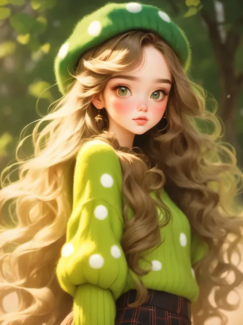 (masterpiece, best quality:1.2),a beautiful girl，Skin detail processing，The eyes are finely described，Delicate hair，wavy long hair，Long light hair，Berets，Green sweater，white dots，skirt，Retro contrasting colors，clean background
