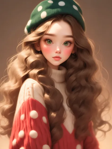 (masterpiece, best quality:1.2),a beautiful girl，Skin detail processing，The eyes are finely described，Delicate hair，wavy long hair，Long light hair，Berets，Green sweater，white dots，skirt，Retro contrasting colors，clean background
