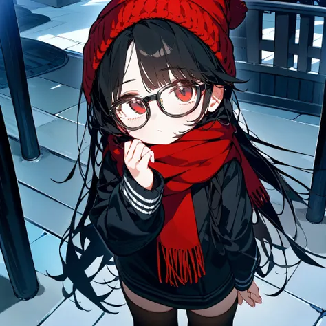 (masterpiece), best quality, expressive eyes, perfect face, red eye, black beanie, fluffy cut black hair, black scarf, black school sweater, short skirt, Round Glasses Black, park,