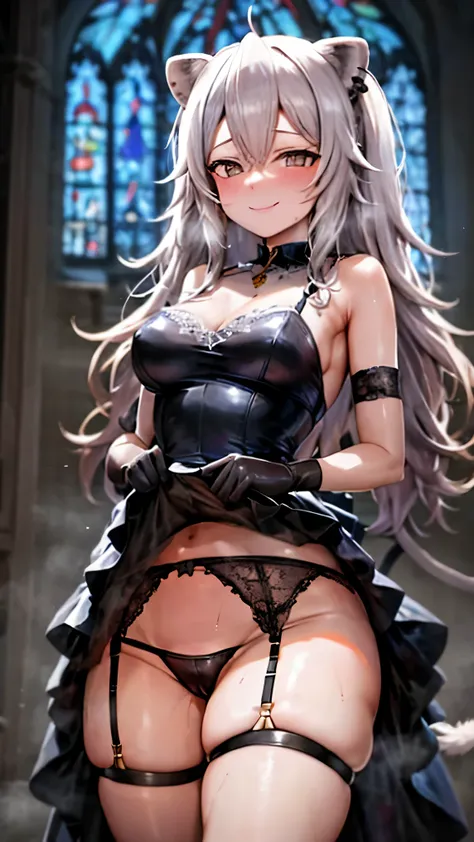 NSFW,Hololive,Shihaku Botan,lion ears,lion&#39;s tail,Black Wedding Dresses,mini skirt,garter belt,wedding gloves,shy smile,A church illuminated by moonlight