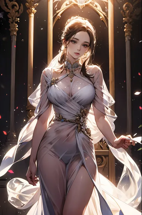 woman, white, fine silk long dress, See-through, Transparent, tie hair, palace, Spotlight, masterpiece, highest quality