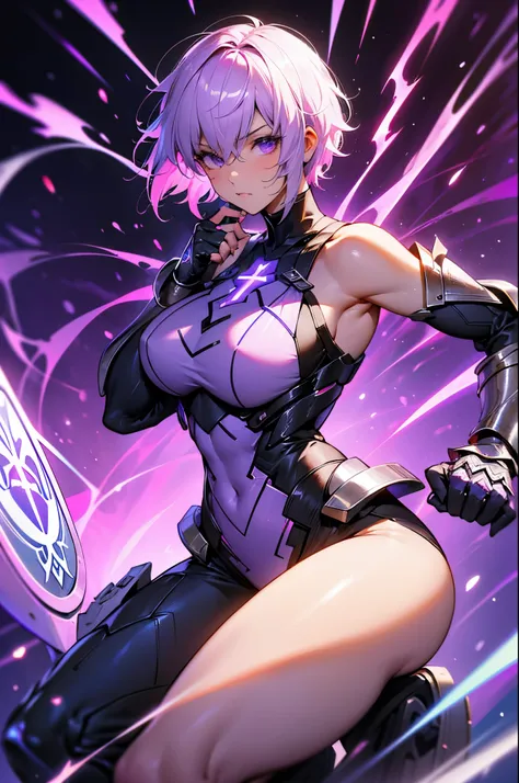 Mash Kyrielight fate grand order, blakc power suit and sleeve, gauntlet, bare shoulder, bare legs, holding cross design giant shield, perfect body shape, soldier aura, serious effect, pink short hair, dark purple pupil, masterpieces, fantasy world, hyper r...