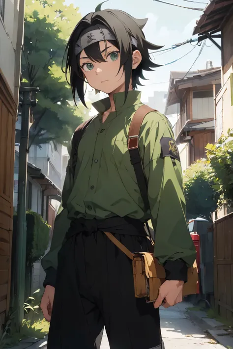 ((best quality)), ((masterpiece)), (detailed), . A teenage boy with black hair. He is wearing the full sleeves uniform from Naruto anime. The color of his uniform his green and grey He has a scar on his face. He is wearing the leaf village headband.  He is...