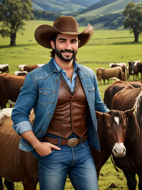 Title: "Vaqueiro Sorridente: Pasture illustration with herd" Description: Create a charming illustration of a 35-year-old cowboy in a country style, apresentando uma barba baixa. Ele veste uma camisa azul claro, um colete preto, jeans, botas de couro, e um...