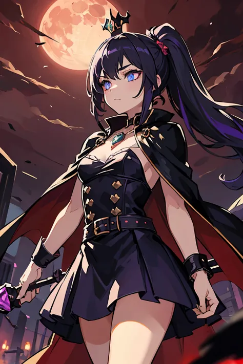 vampire queen, perfect body shape, small breast, battle skirt, (royal cape:1.1), main color is matte black, secondary color is purple, sexy and devil aura, original character, masterpieces, seducing purple pupil, (multi color high pony tail 1:1.2), walking...