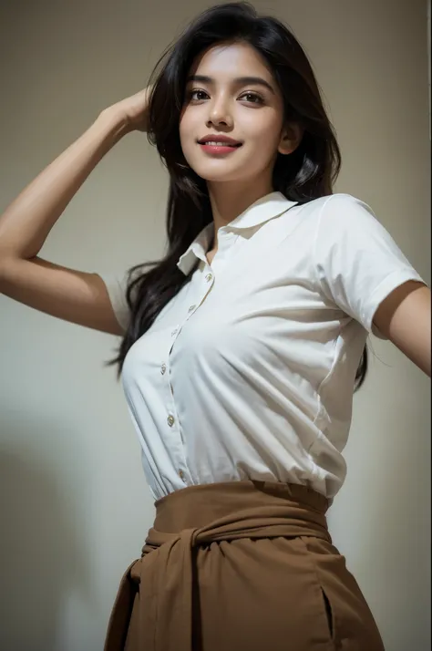 best quality, masterpiece, (photorealistic:1.4), indian beautiful girl, 1girl,light smile, shirt with collars, waist up, dramatic lighting, from below
