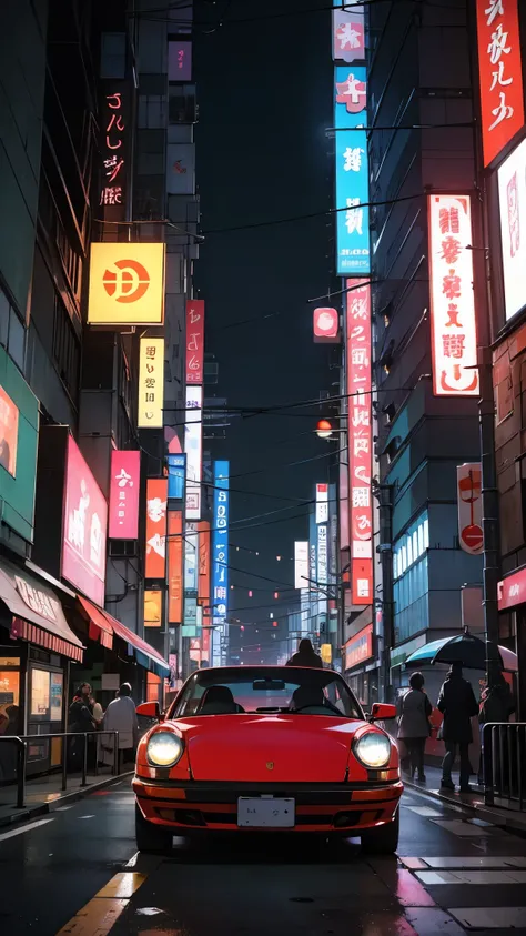 arafed yellow Porsche 911 Roadster with modified bodykit, JDM style, driving down a busy street in a city, cyberpunk streets in japan, neon tokyo, in the streets of tokyo, japanese neon signs, inspired by Liam Wong, vintage footage on tokyo streets, in neo...