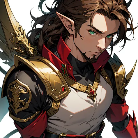 anime, masterpiece, best quality, by professional artist, 1man, male, solo, portrait, detailed composition, detailed eyes, white background, detailed hair, brown hair, black horns, green eyes, wearing black and red armor, goatee, elf