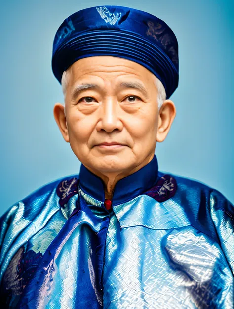 Highly realistic photo, ((masterpiece), (best quality), (raw photo), (photorealistic:1.4), Portrait of Vietnamese old man, 95 years old, ((White hair)), dark blue ao dai, dark blue head scarf, ((light blue background)) , photo taken by Sony A7IV